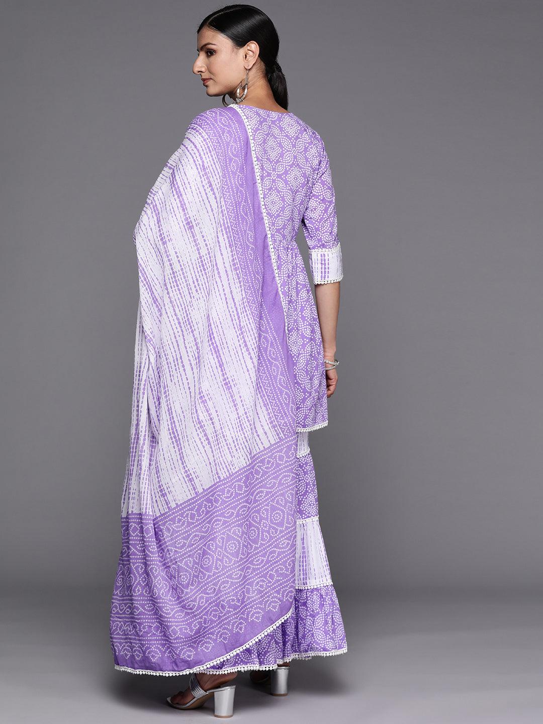 Purple Printed Cotton Anarkali Sharara Suit Set - Libas