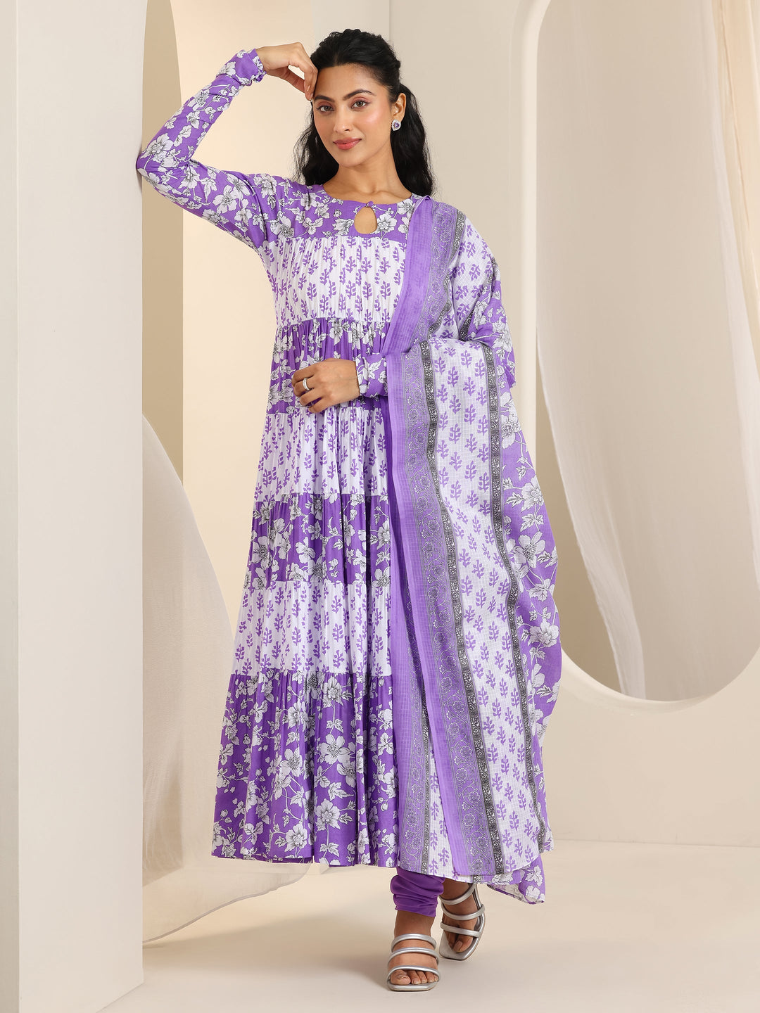  Purple Printed Cotton Anarkali Suit Set With Dupatta 