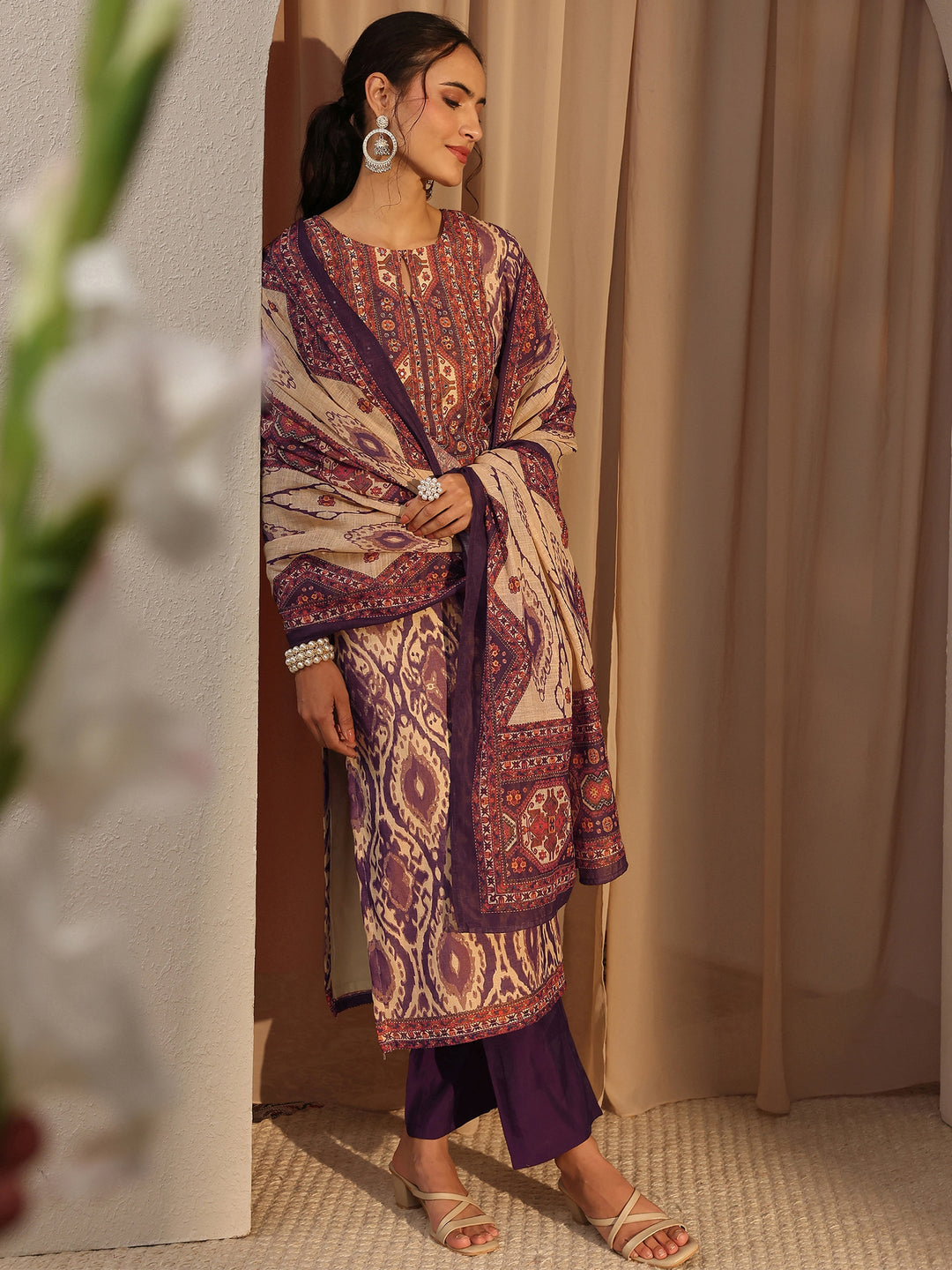  Purple Printed Cotton Blend Straight Suit Set With Dupatta 
