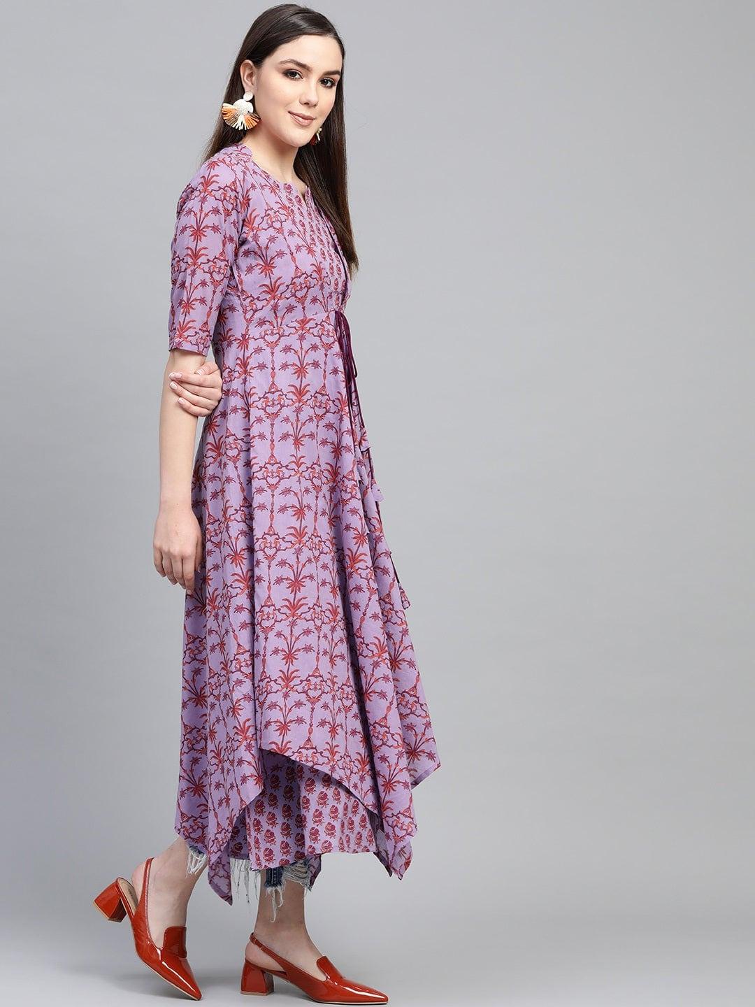 Purple Printed Cotton Dress - Libas