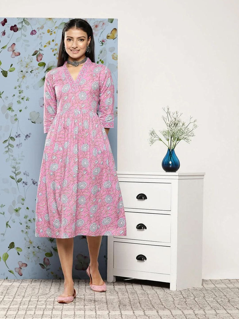 Libas Purple Printed Cotton Fit and Flare Dress