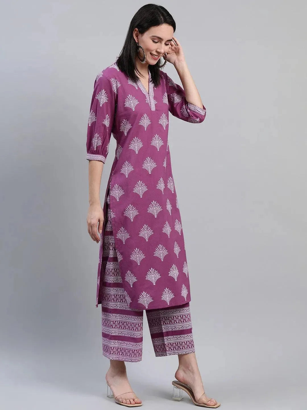 Purple Printed Cotton Kurta - Libas 