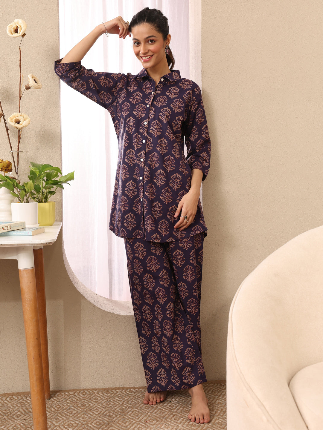 Purple Printed Cotton Night Suit