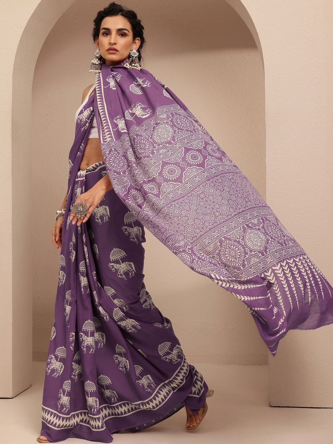  Purple Printed Cotton Saree With Unstitched Blouse Piece 