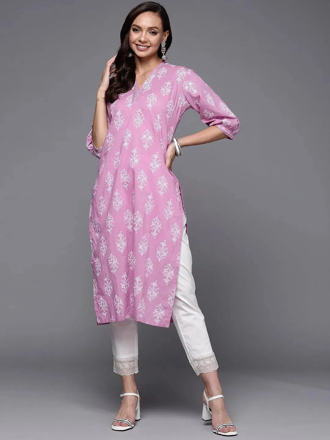 Purple Printed Cotton Straight Kurta - Libas 