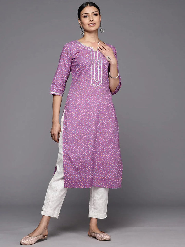 Purple Printed Cotton Straight Kurta - Libas
