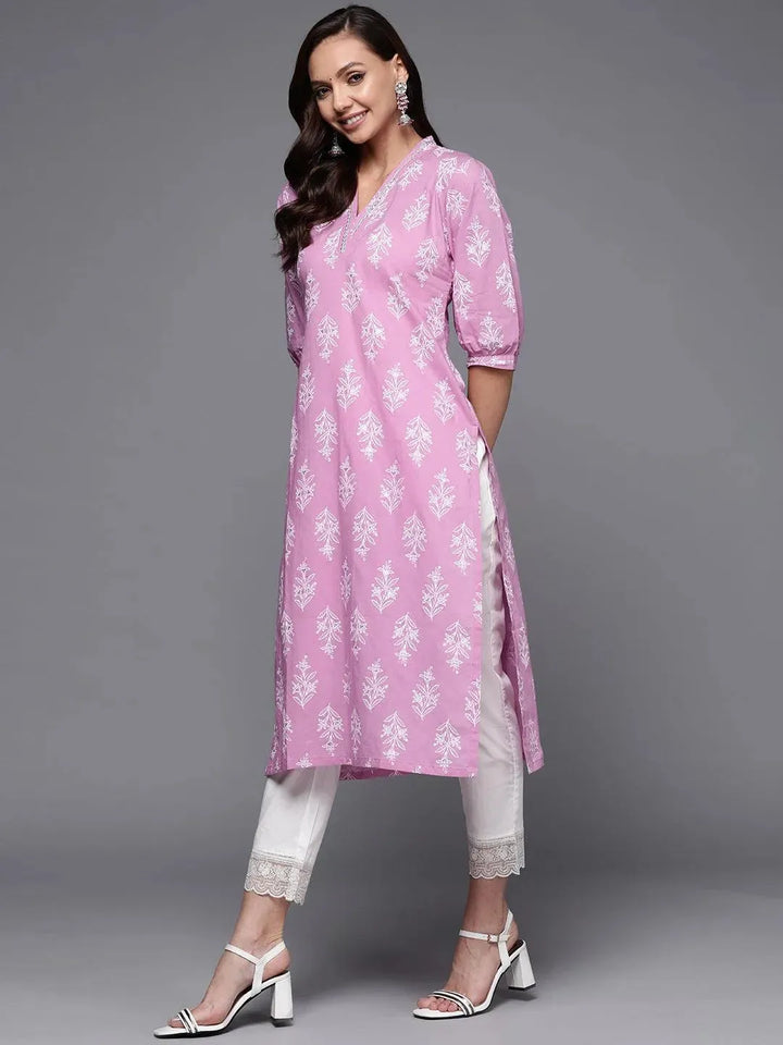 Purple Printed Cotton Straight Kurta - Libas