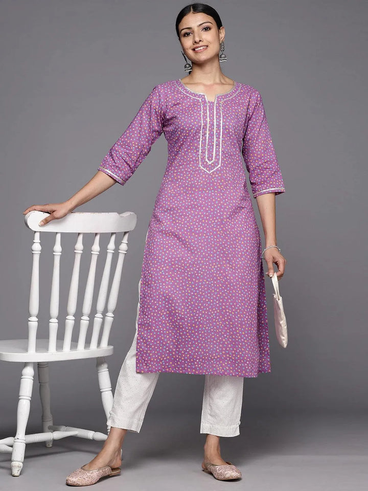 Purple Printed Cotton Straight Kurta - Libas