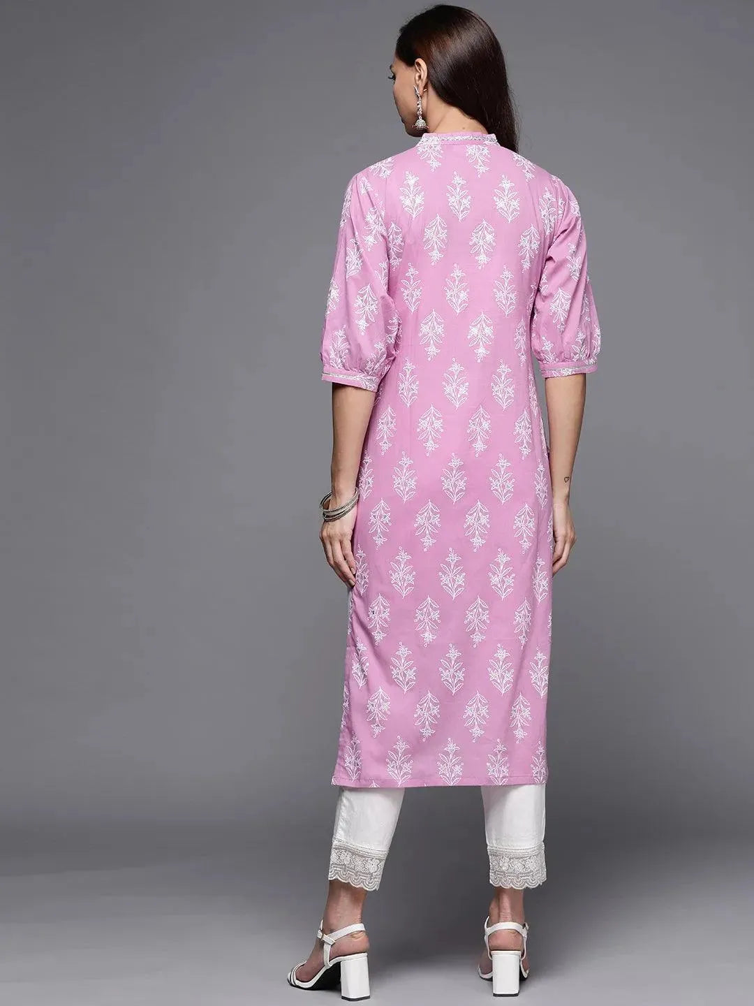 Purple Printed Cotton Straight Kurta - Libas 