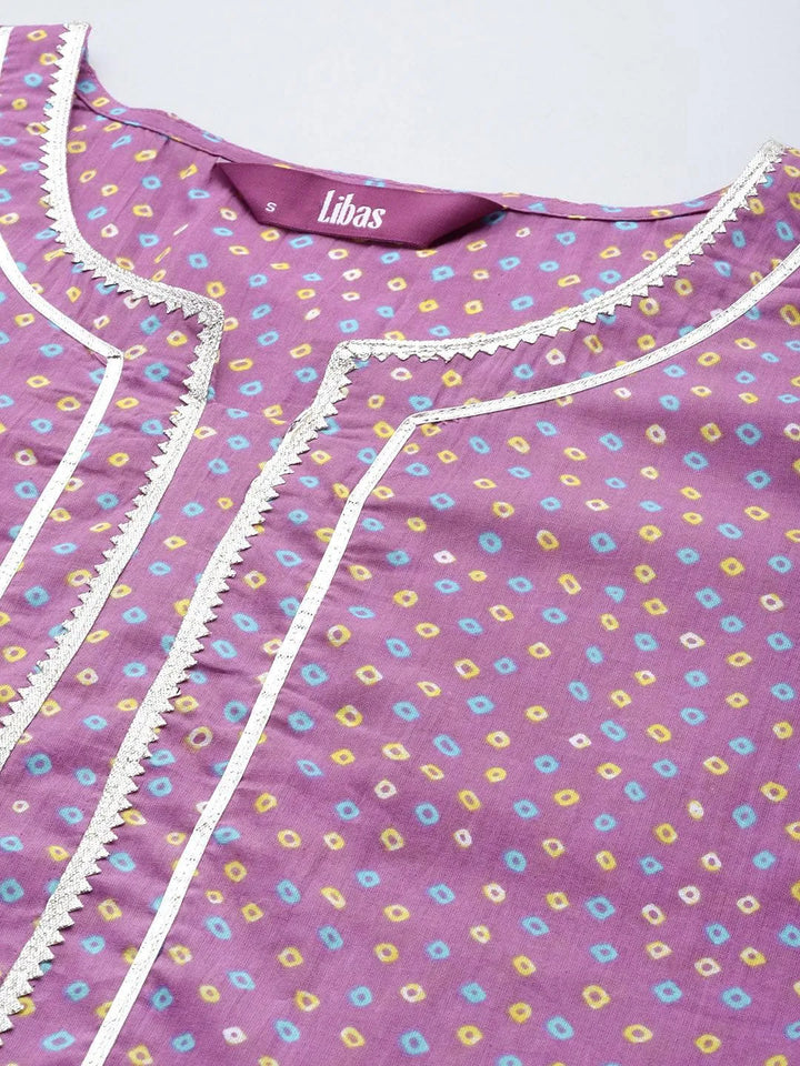 Purple Printed Cotton Straight Kurta - Libas