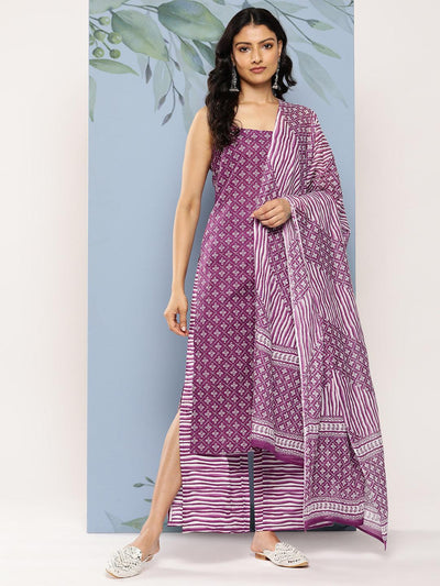 Purple Printed Cotton Straight Suit Set With Palazzos - Libas
