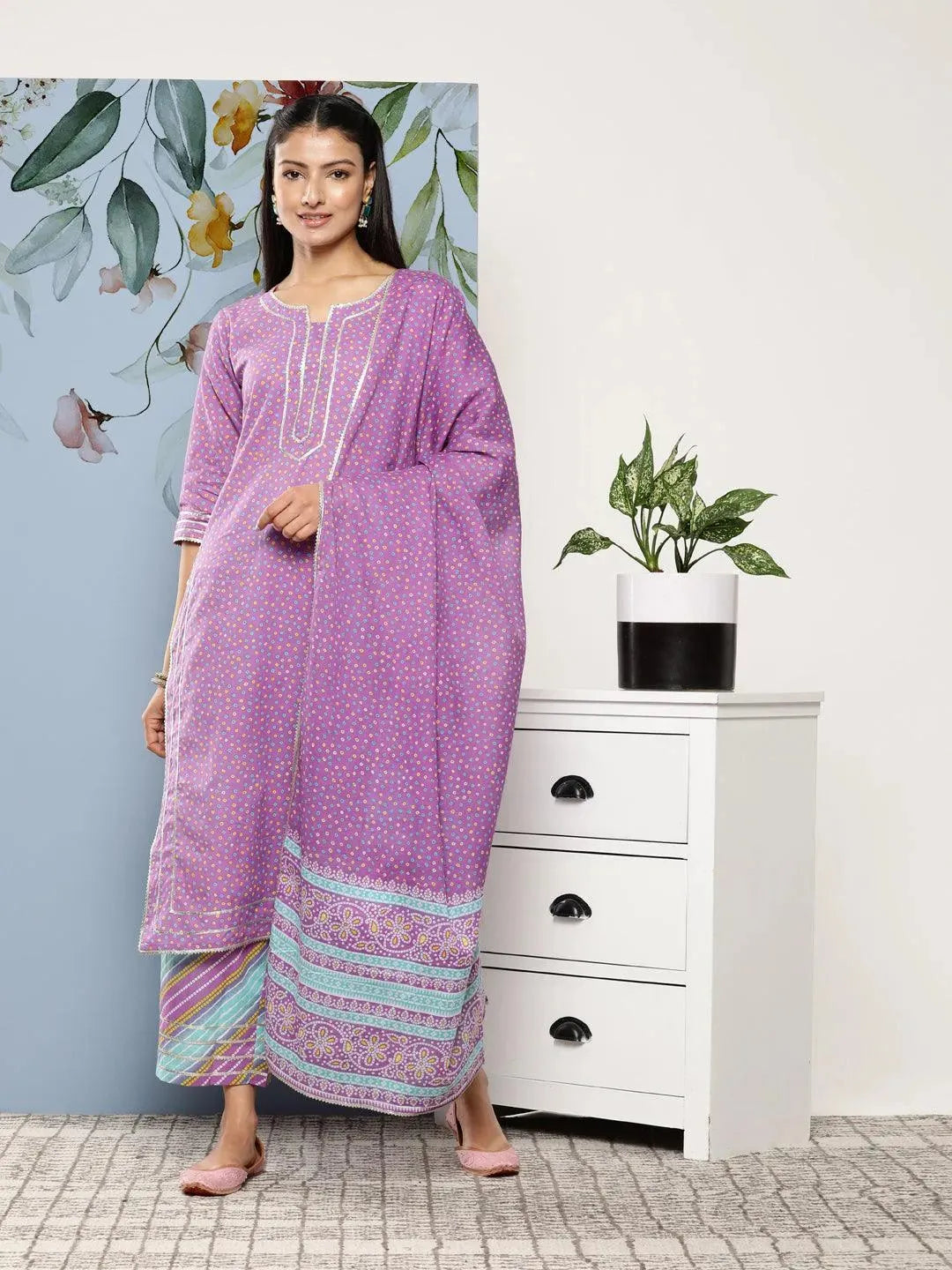 Purple Printed Cotton Suit Set With Palazzos - Libas