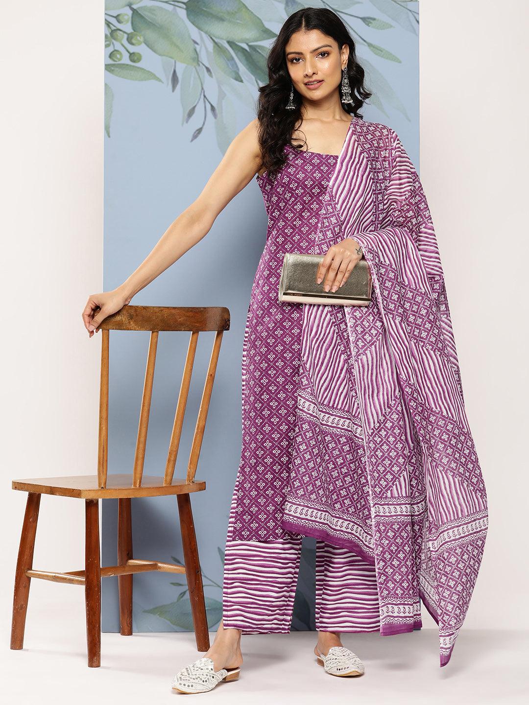 Purple Printed Cotton Straight Suit Set With Palazzos - Libas