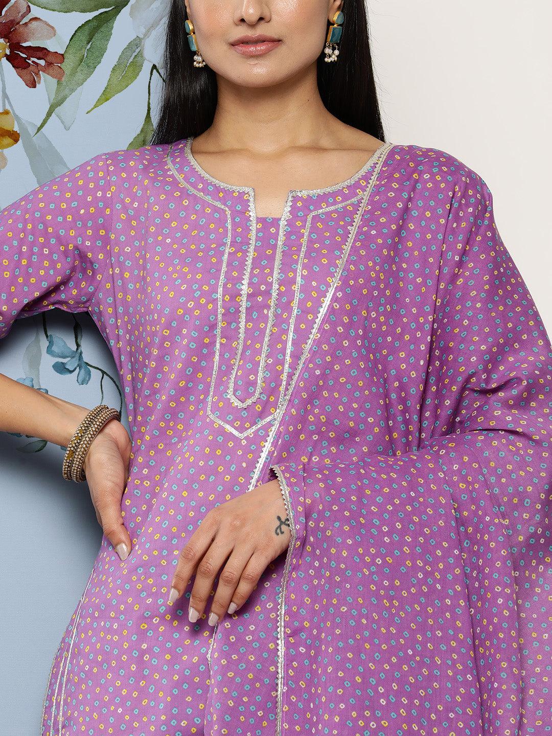 Purple Printed Cotton Suit Set With Palazzos - Libas