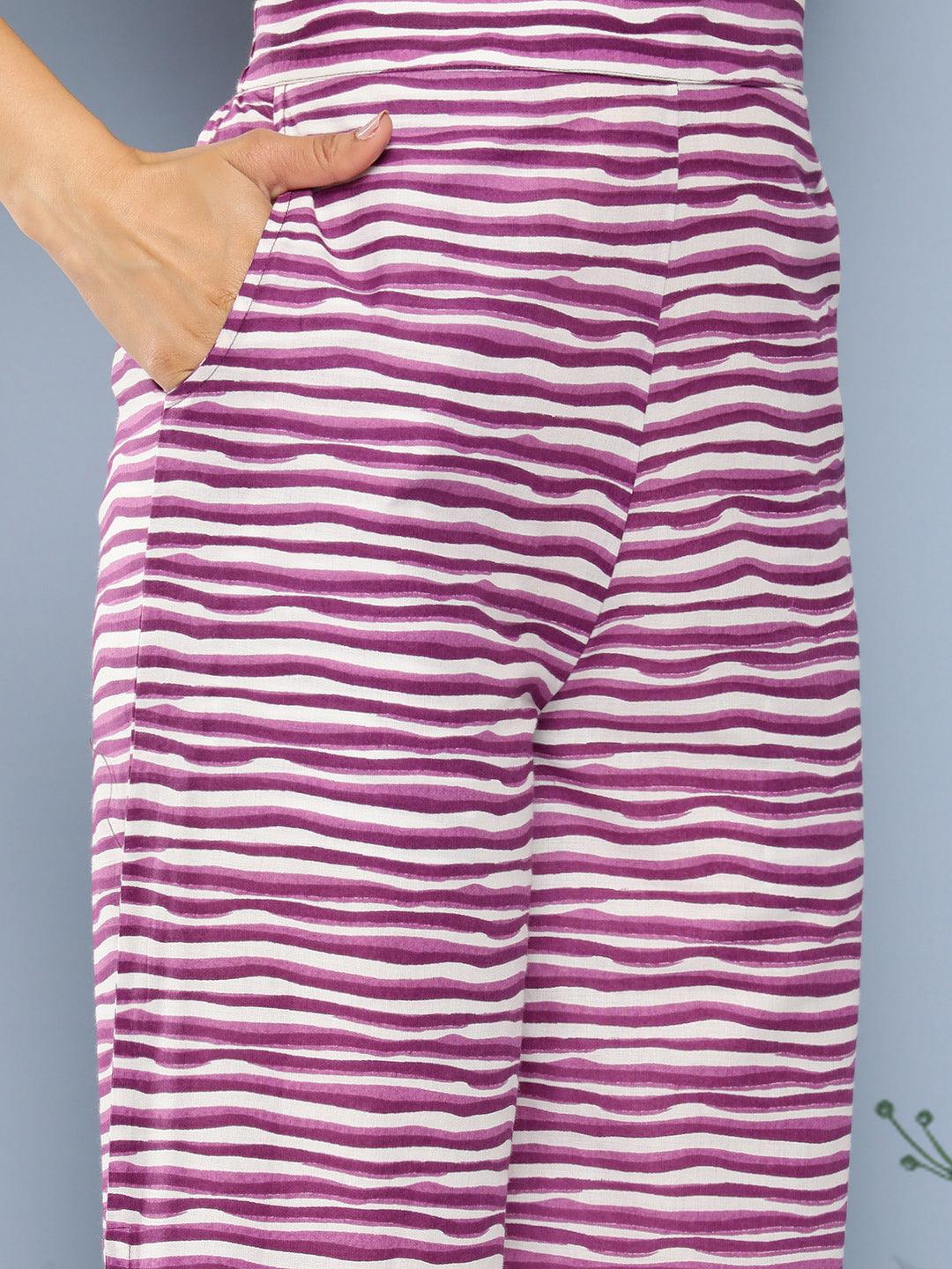 Purple Printed Cotton Straight Kurta With Palazzos & Dupatta