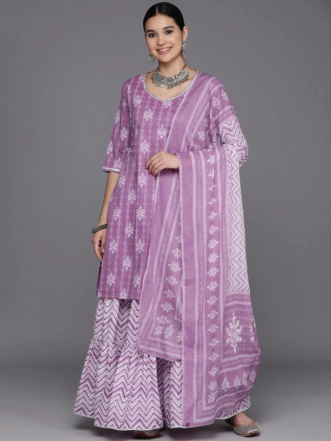 Purple Printed Cotton Straight Suit Set With Skirt - Libas 