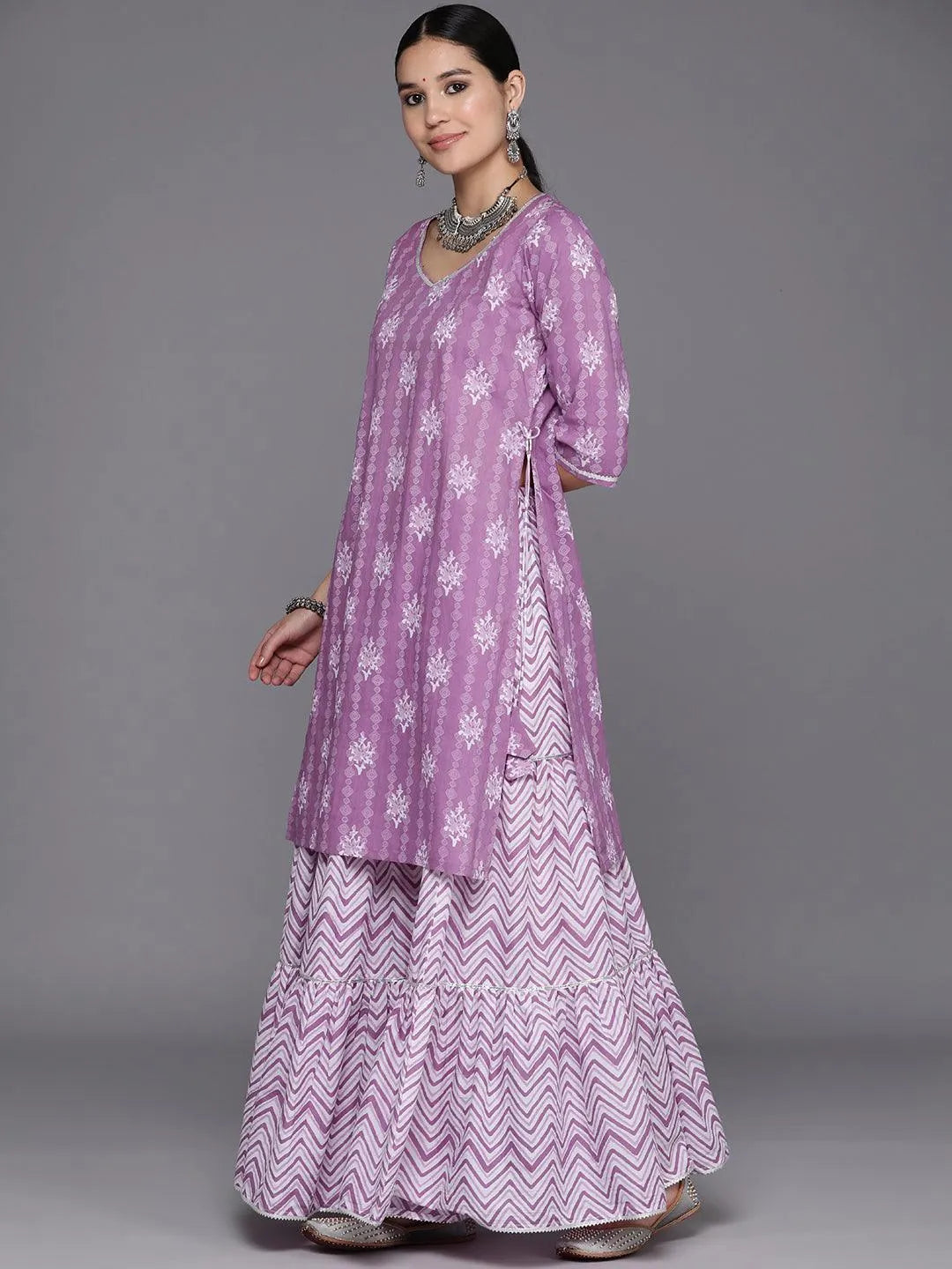 Purple Printed Cotton Straight Suit Set With Skirt - Libas 