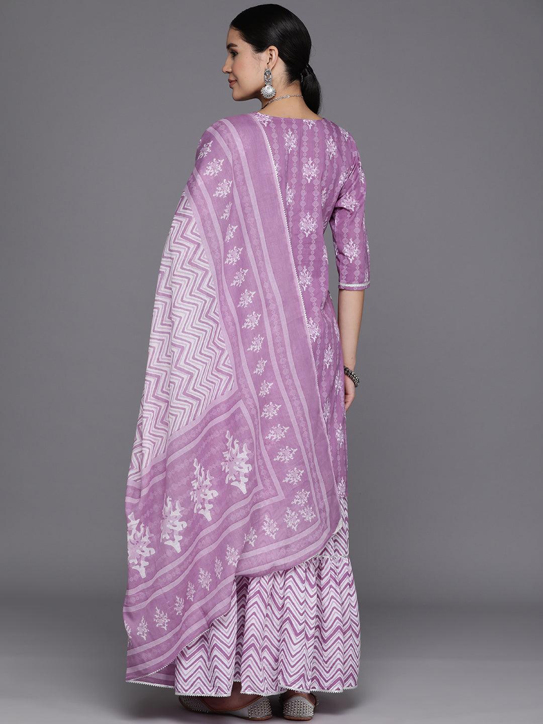 Purple Printed Cotton Straight Suit Set With Skirt - Libas
