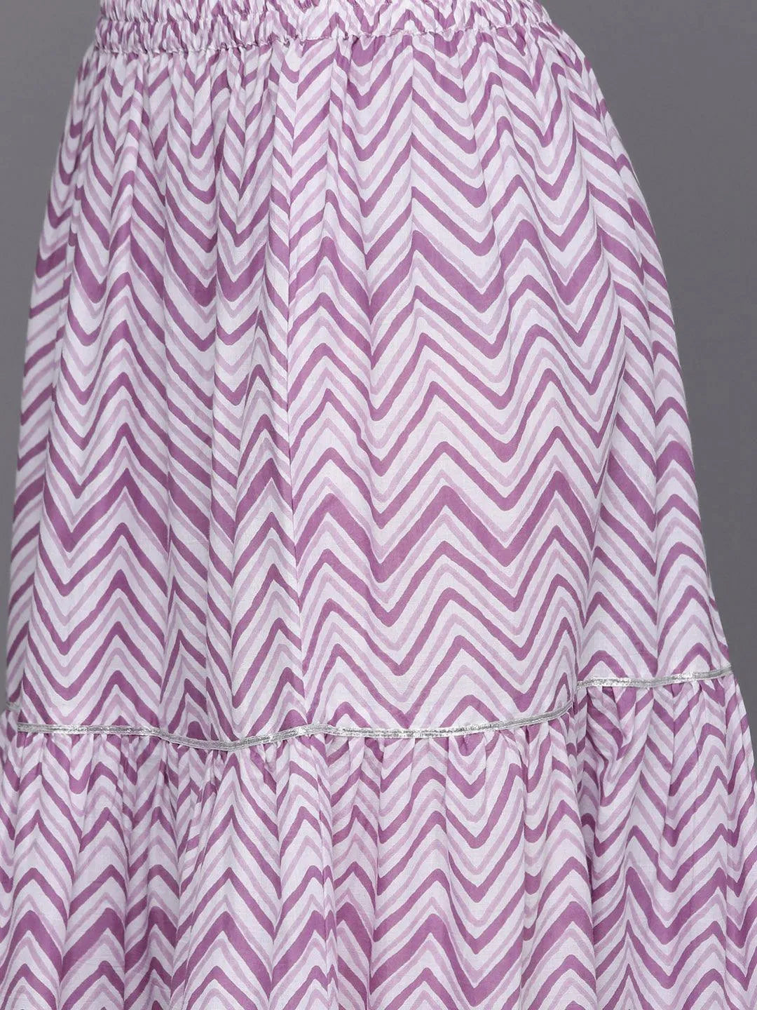 Purple Printed Cotton Straight Suit Set With Skirt - Libas 