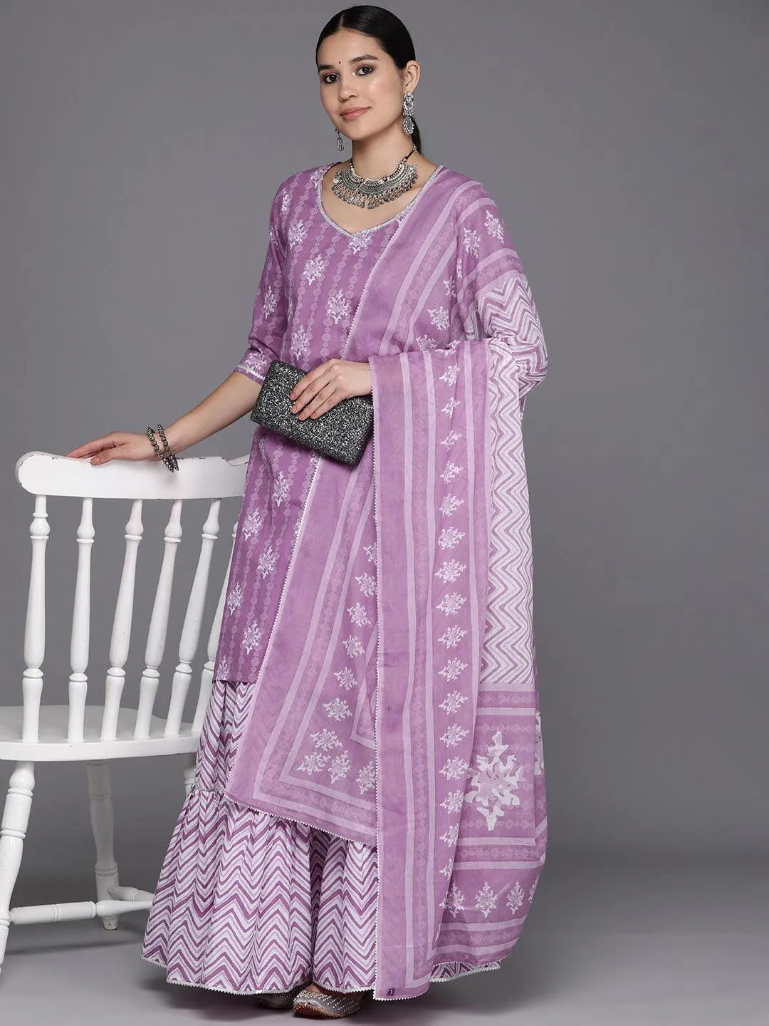Purple Printed Cotton Straight Suit Set With Skirt - Libas 