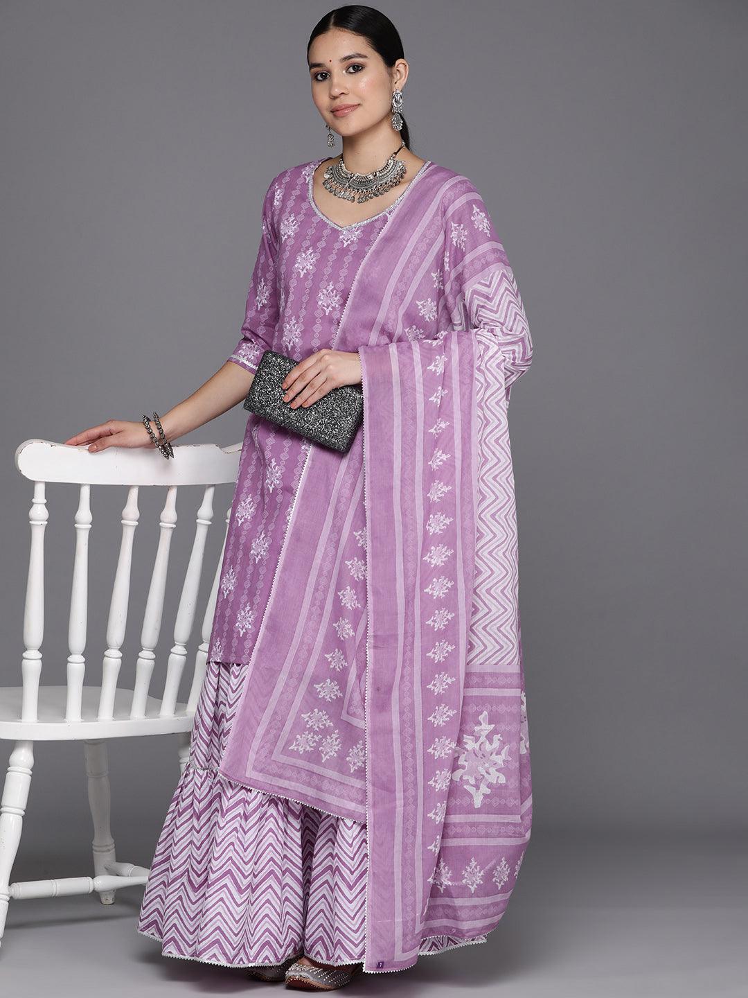 Purple Printed Cotton Straight Suit Set With Skirt - Libas