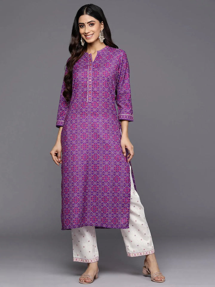 Purple Printed Cotton Straight Kurta Set With Trousers - Libas