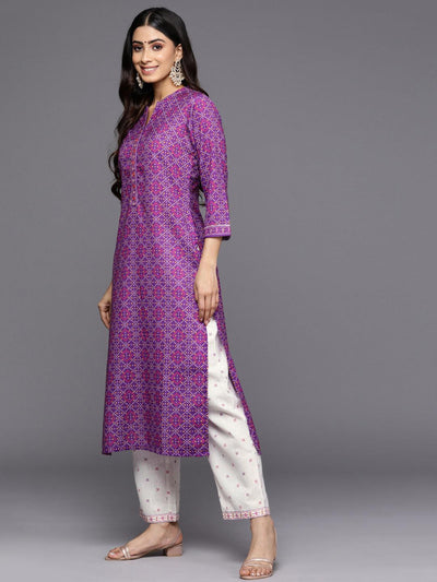 Purple Printed Cotton Straight Kurta Set With Trousers - Libas