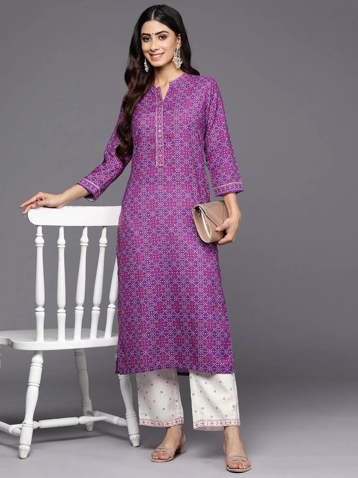Purple Printed Cotton Straight Kurta Set With Trousers - Libas