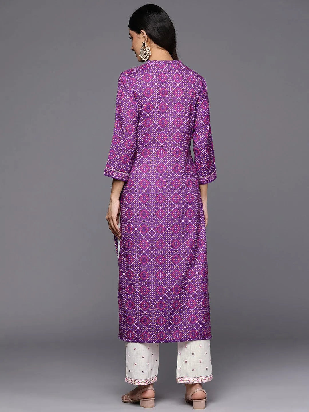 Purple Printed Cotton Straight Kurta Set With Trousers - Libas 