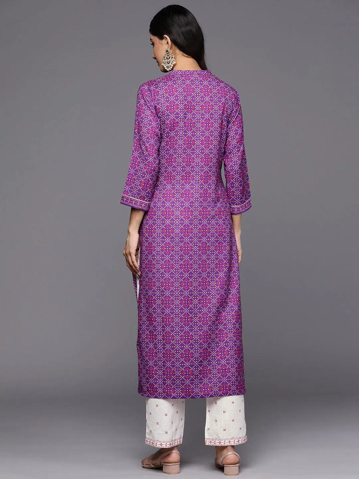 Purple Printed Cotton Straight Kurta Set With Trousers - Libas