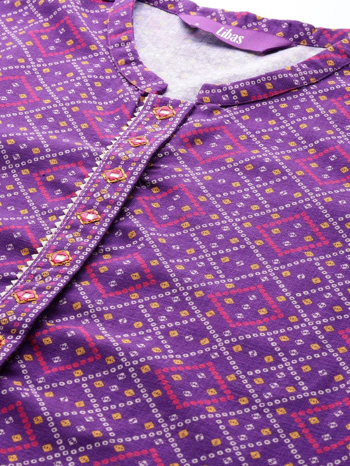 Purple Printed Cotton Straight Kurta Set With Trousers - Libas