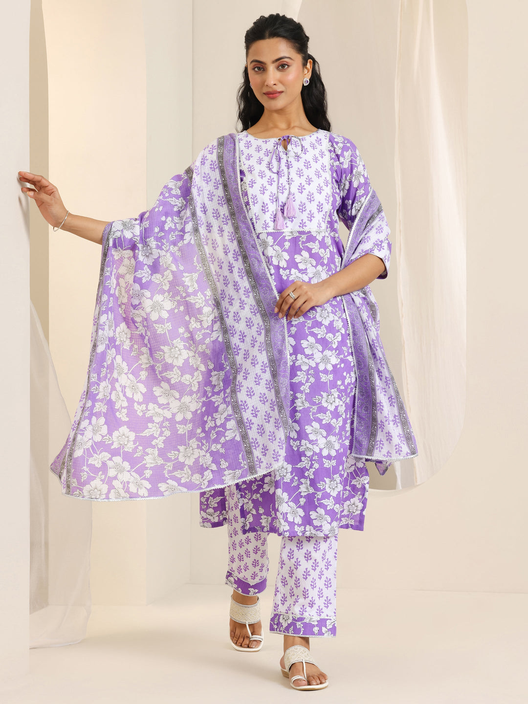  Purple Printed Cotton Straight Suit Set With Dupatta 