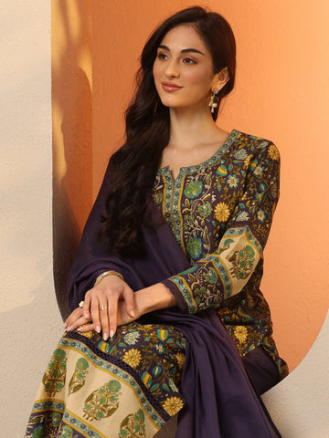 Purple Printed Cotton Straight Suit Set With Dupatta
