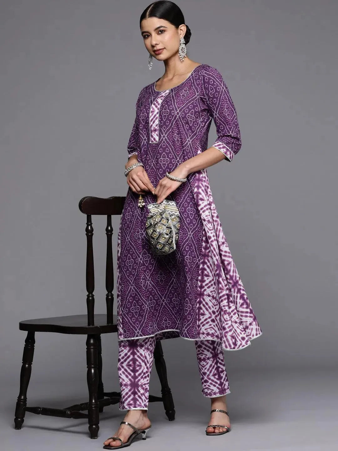 Purple Printed Cotton Trousers - Libas 