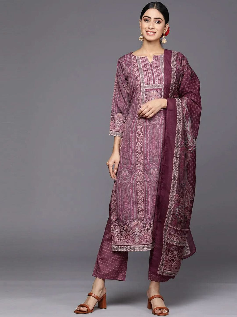 Libas Purple Printed Crepe Straight Kurta With Trousers & Dupatta