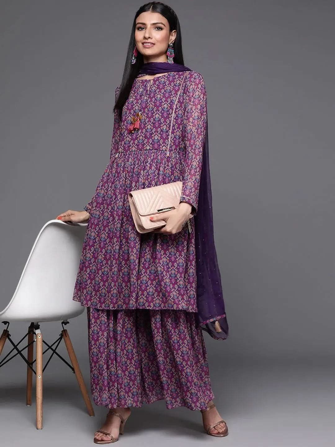 

Buy Purple Printed Georgette Suit Set - 33363O-XS | Libas Ethnic Wear Online