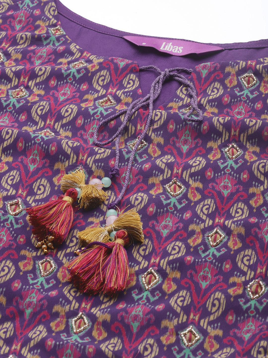 Purple Printed Georgette A-Line Kurta With Sharara & Dupatta