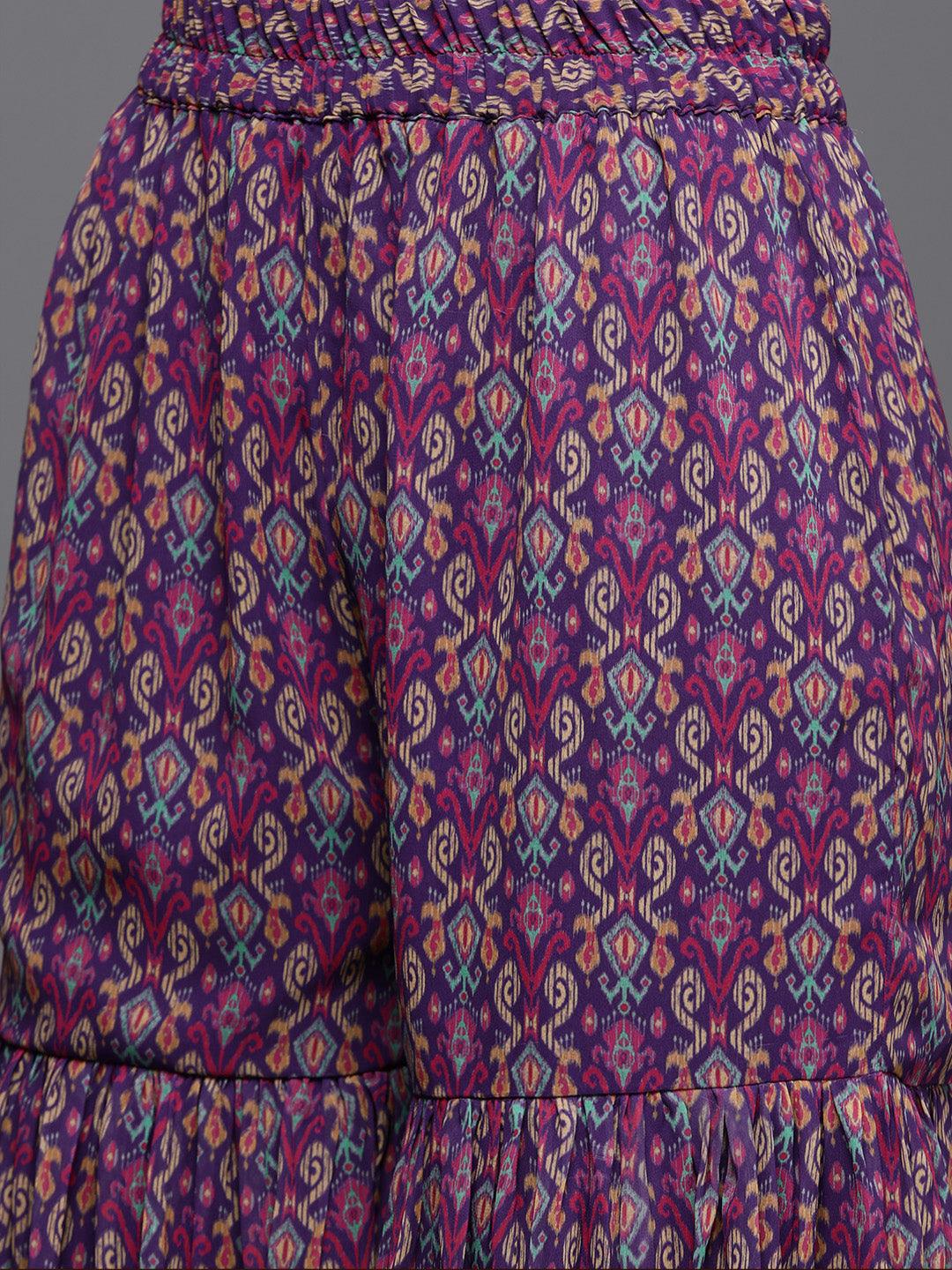 Purple Printed Georgette A-Line Kurta With Sharara & Dupatta