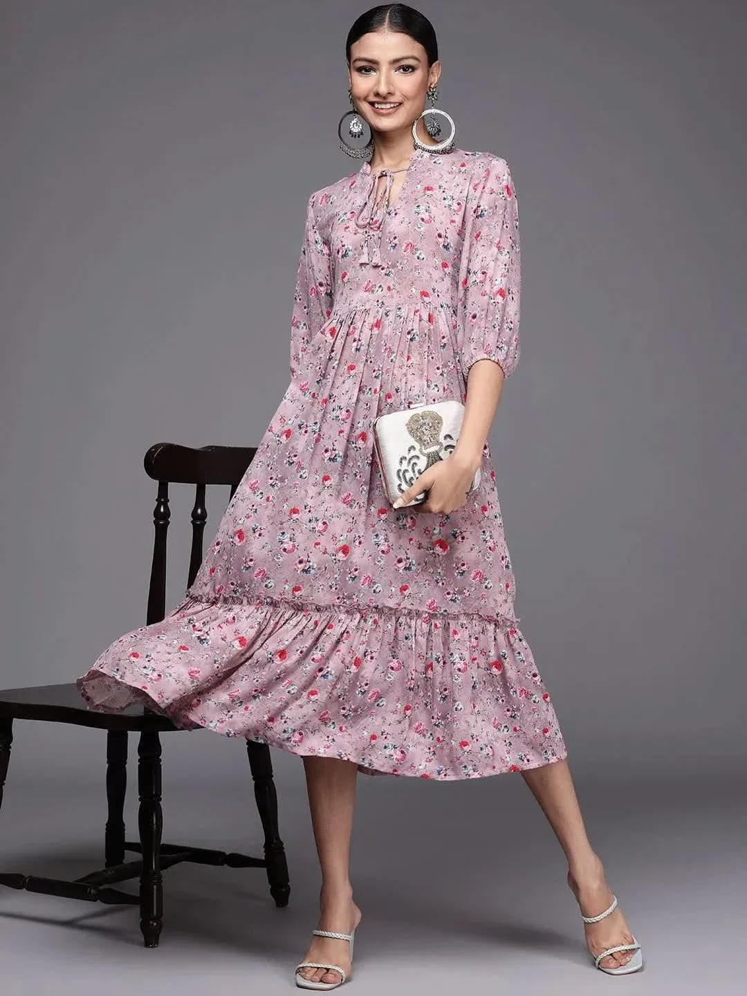 

Purple Printed Georgette Flared Dress