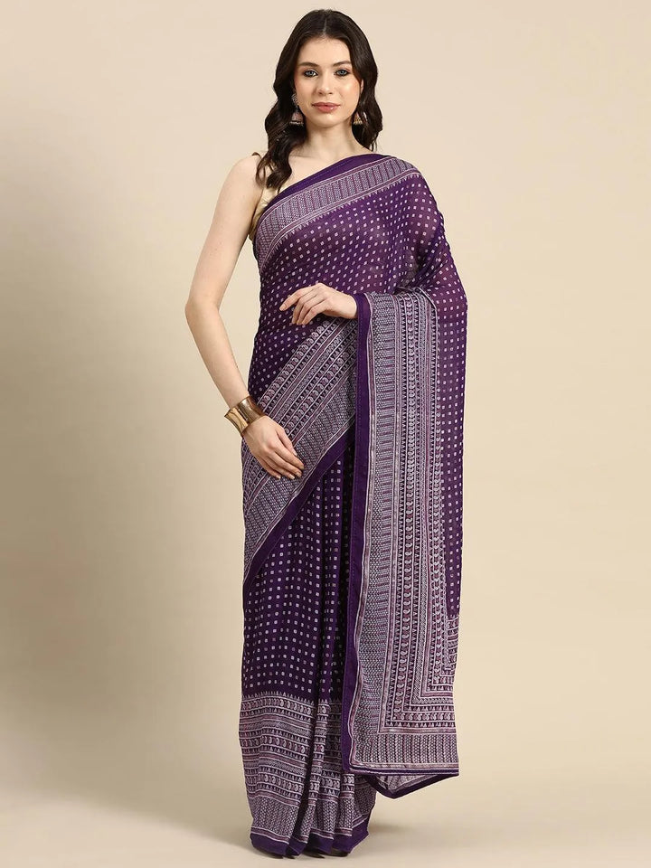 Purple Printed Georgette Saree - Libas