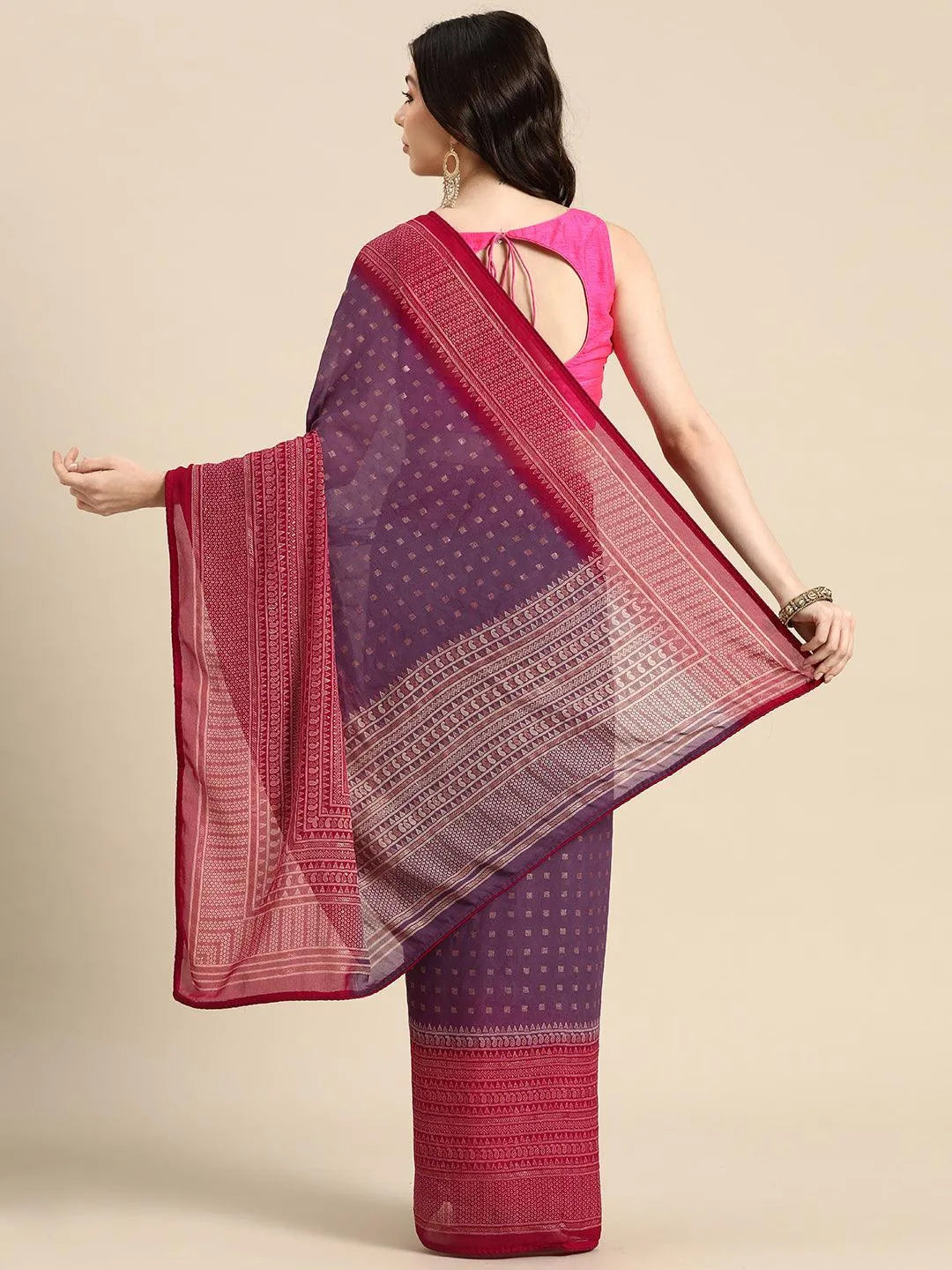 Purple Printed Georgette Saree - Libas 