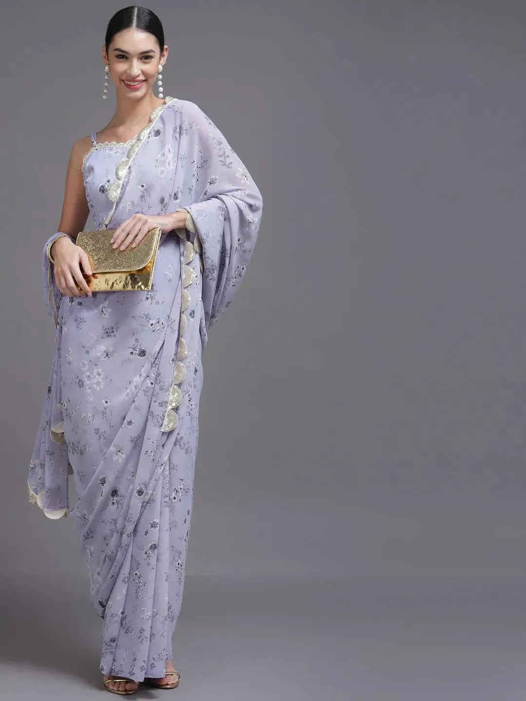 Purple Printed Georgette Saree - Libas