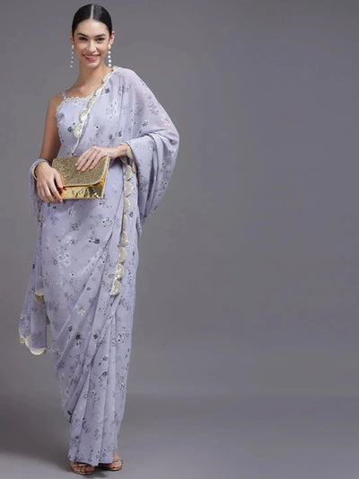 Purple Printed Georgette Saree - Libas