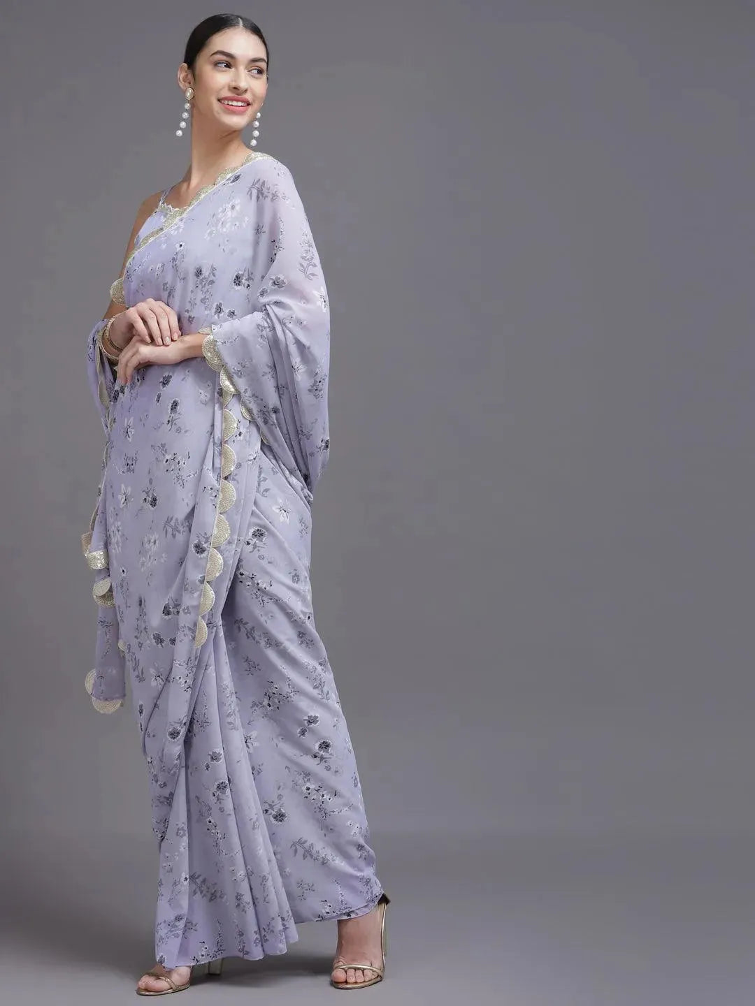 Purple Printed Georgette Saree - Libas 