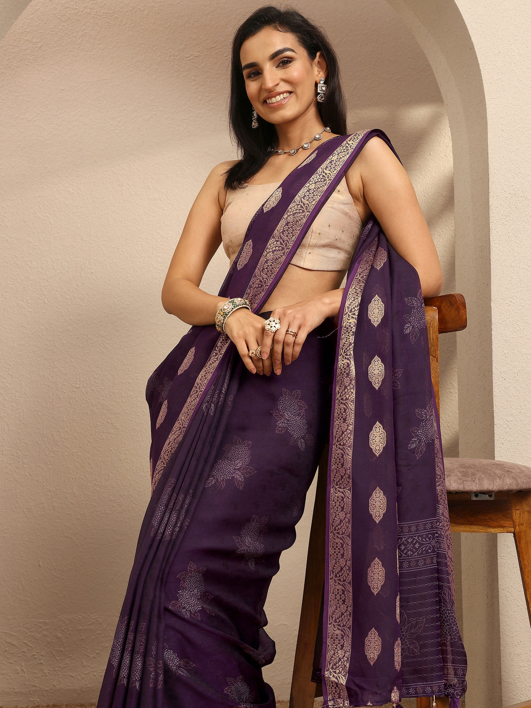 Purple Printed Georgette Saree With Unstitched Blouse Piece