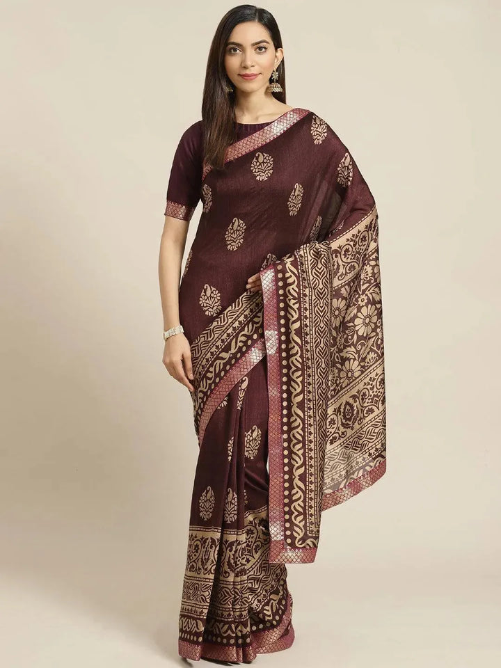 Purple Printed Polyester Saree - Libas