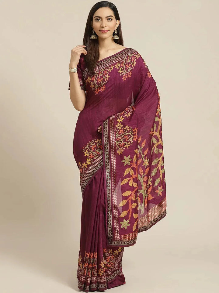 Purple Printed Polyester Saree - Libas