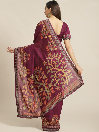 Purple Printed Polyester Saree - Libas