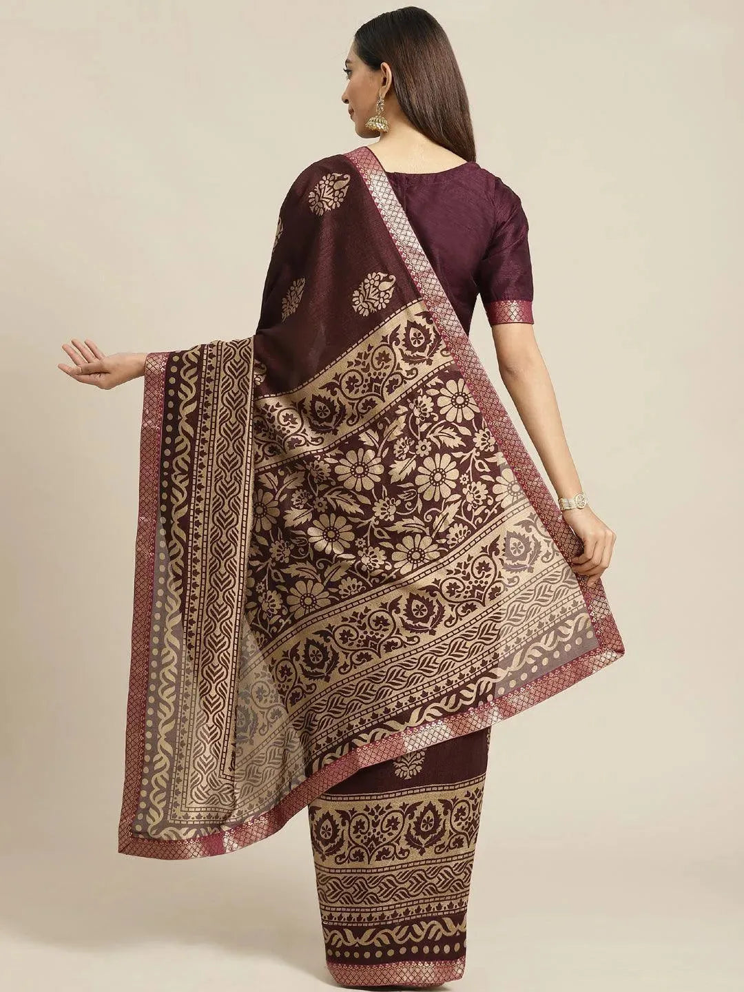 Purple Printed Polyester Saree - Libas