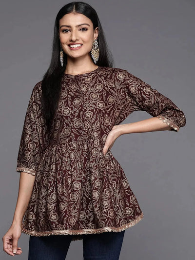 Purple Printed Rayon A-Line Kurti - Libas